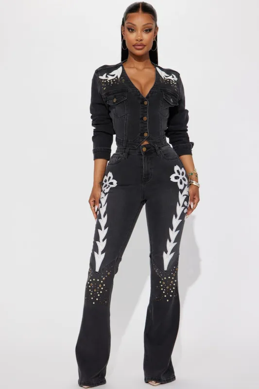 Jolene Stretch Flare Jean - Black Wash sold by Fashion Nova