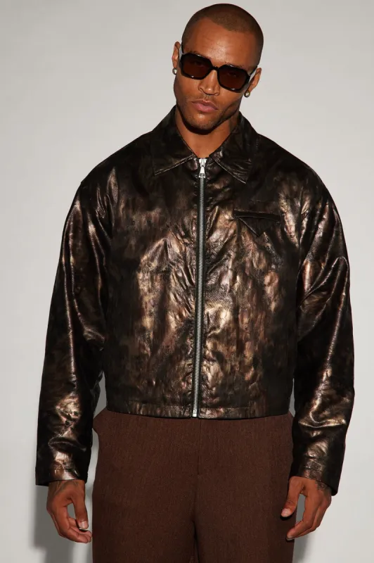 Kettner Faux Leather Cropped Jacket - Brown/combo sold by Fashion Nova