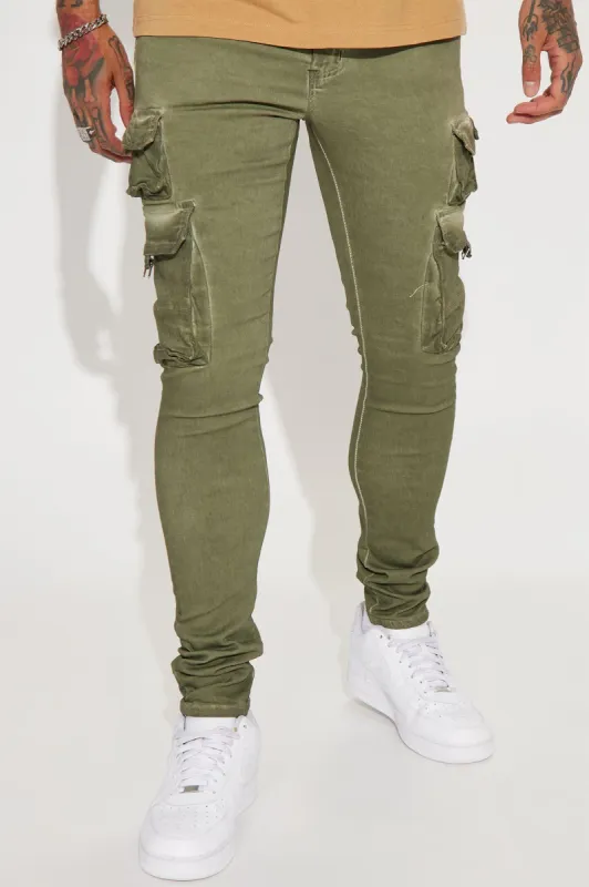 Loaded Stacked Skinny Cargo Jeans - Olive sold by Fashion Nova