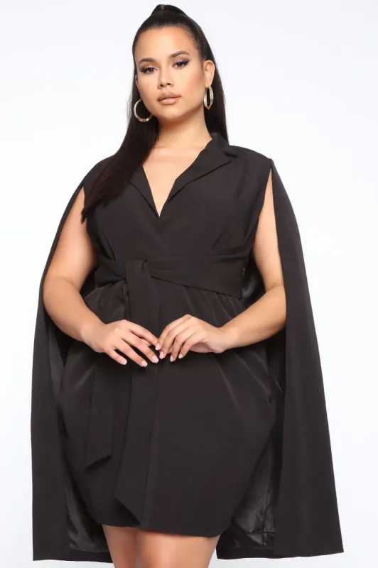 On Payroll Blazer Cape Dress - Black sold by Fashion Nova