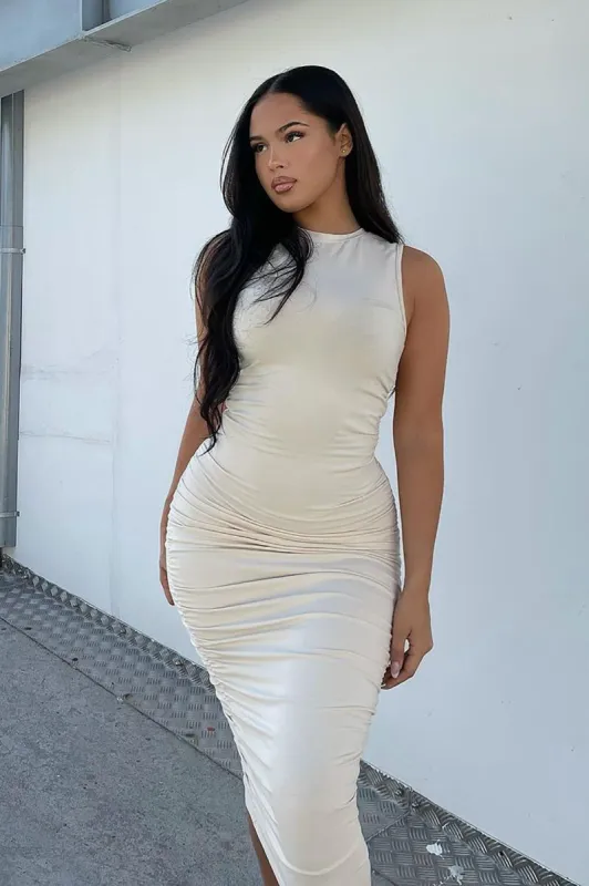 See Me Ruched Midi Dress - Nude sold by Fashion Nova