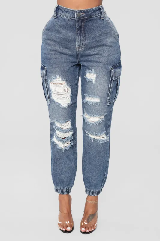 Take A Lap High Rise Cargo Jeans - Medium Blue Wash sold by Fashion Nova
