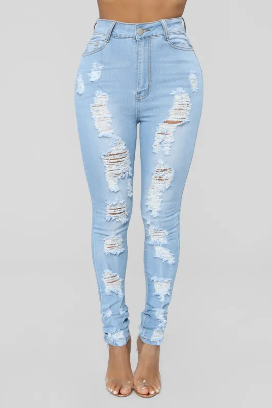 When I Was Yours Distressed Skinny Jeans - Light Blue Wash sold by Fashion Nova