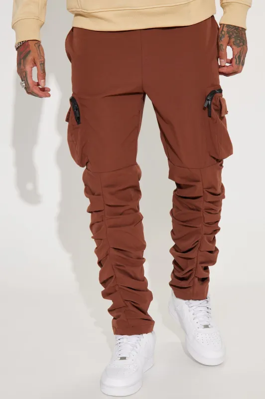 Stacked Ruched Nylon Cargo Pants - Brown sold by Fashion Nova