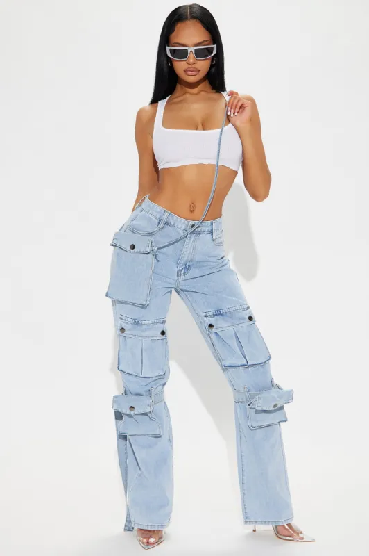 In Your Bag Detachable Purse Cargo Jeans - Light Wash sold by Fashion Nova