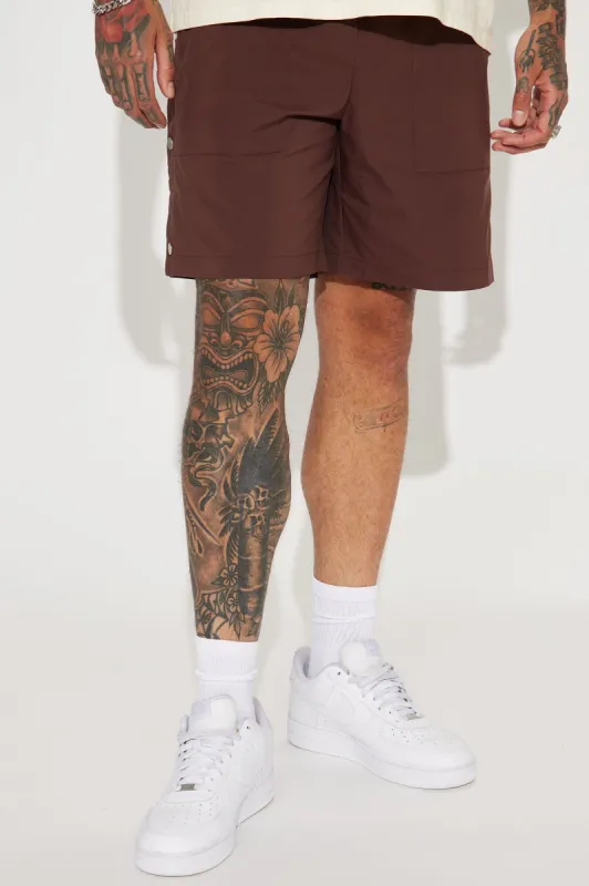 Side Buttons Nylon Shorts - Brown sold by Fashion Nova