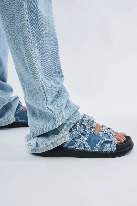 Doing Things Flat Sandals - Denim sold by Fashion Nova