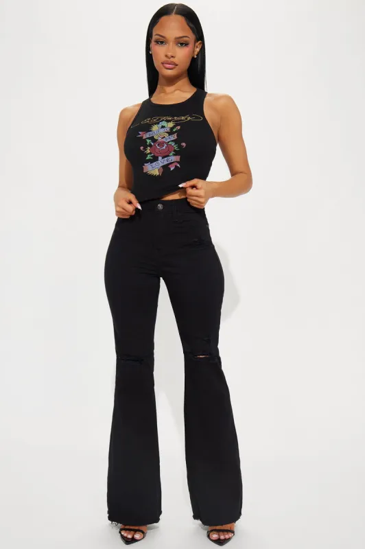 Daily Affirmation Stretch Ripped Flare Jeans - Black sold by Fashion Nova