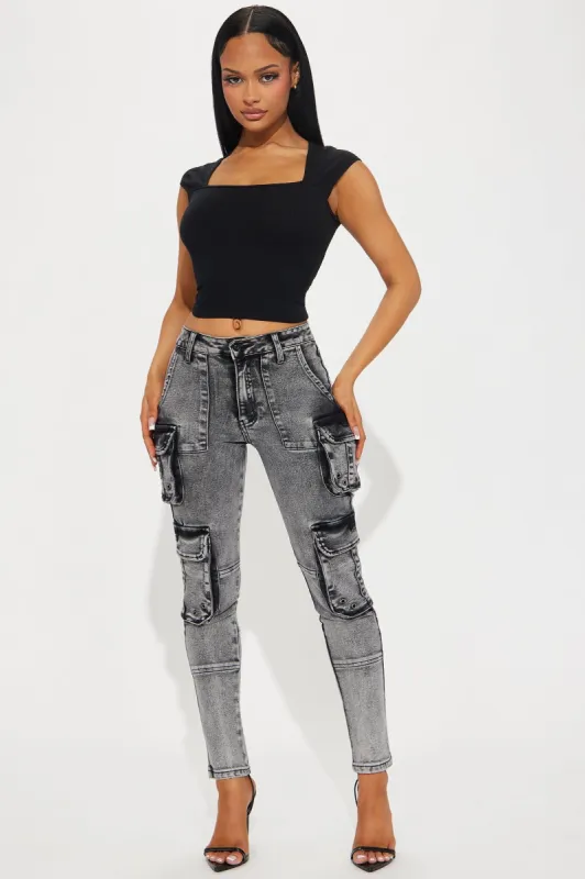 Dealing With It Cargo Stretch Skinny Jeans - Acid Wash Black sold by Fashion Nova