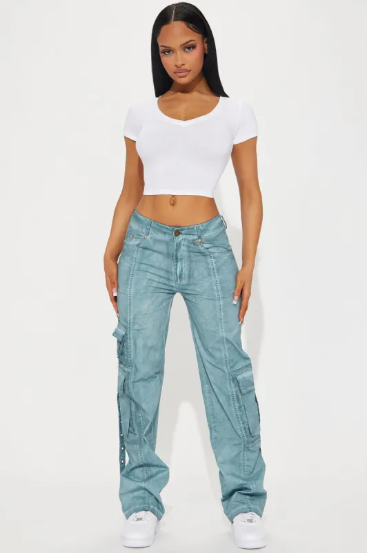 Don't Look Back Washed Cargo Pant - Blue sold by Fashion Nova