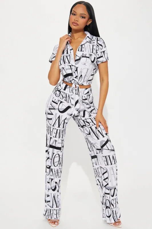 Lea Conversation Plisse Pant Set - White/combo sold by Fashion Nova