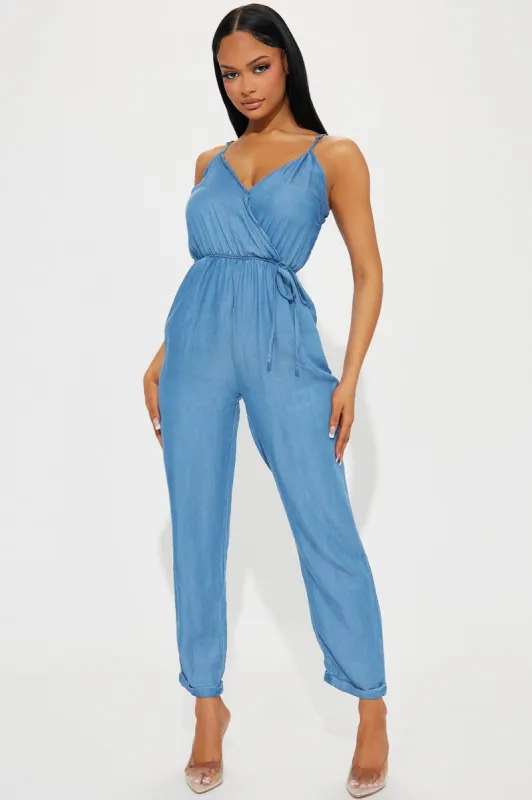 Crave You Chambray Jumpsuit - Medium Wash sold by Fashion Nova