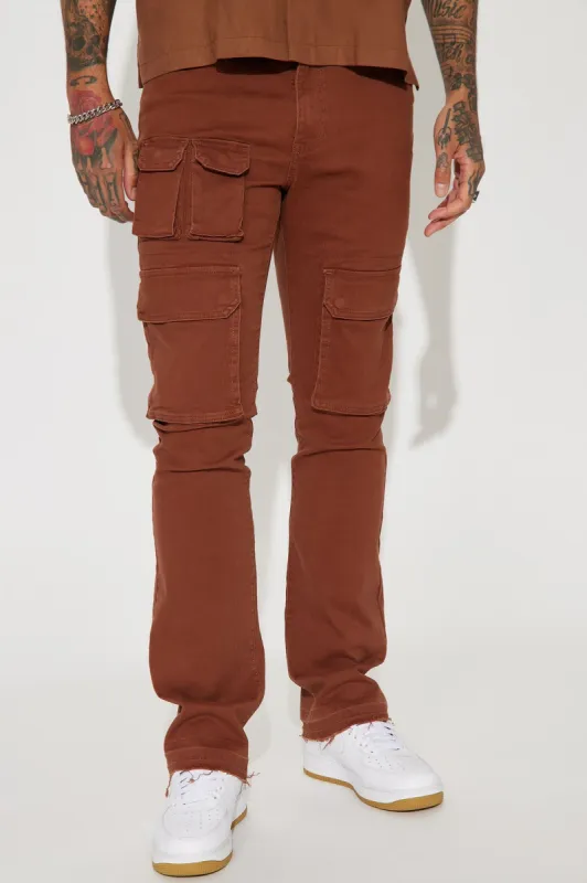 Late To Da Party Cargo Stacked Skinny Flared Pants - Brown sold by Fashion Nova
