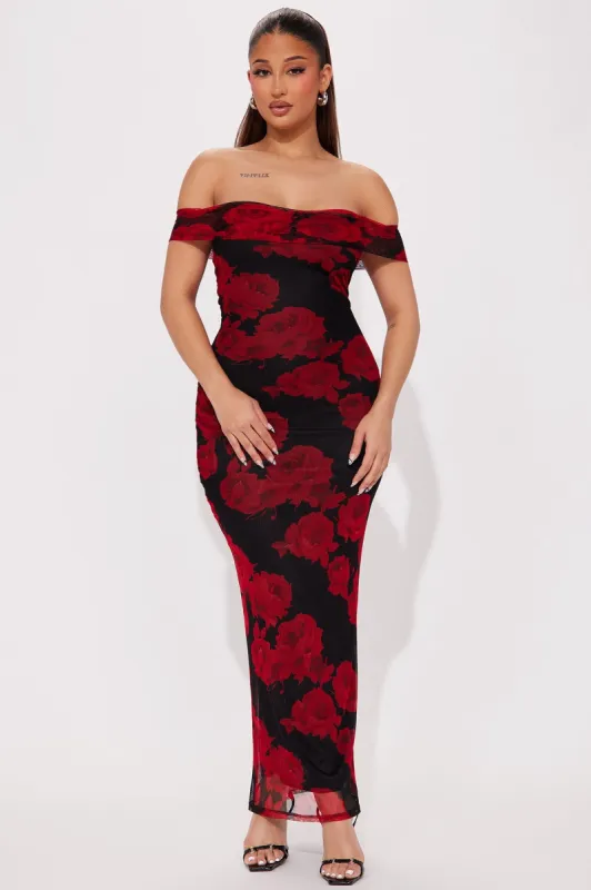 Savannah Roses Mesh Maxi Dress - Red/combo sold by Fashion Nova