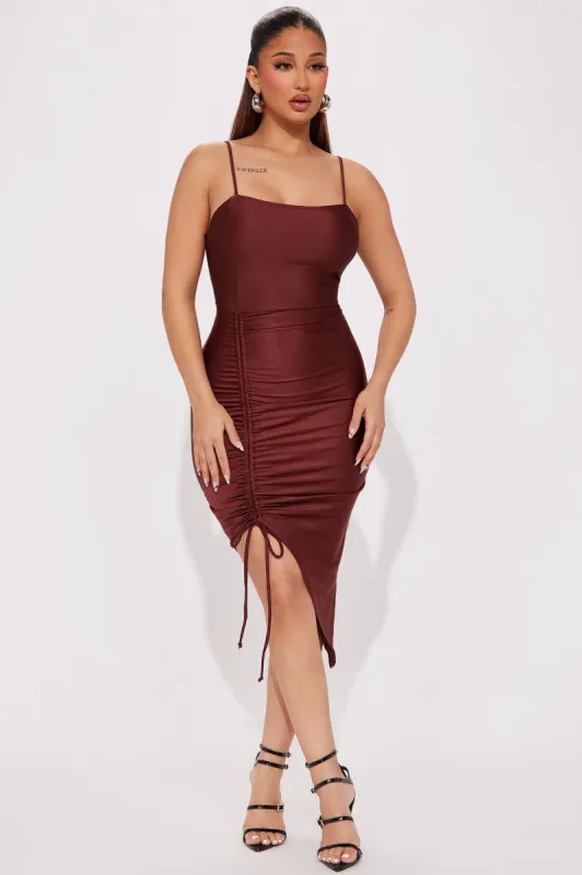 Turning Heads Asymmetrical Mini Dress - Chocolate sold by Fashion Nova