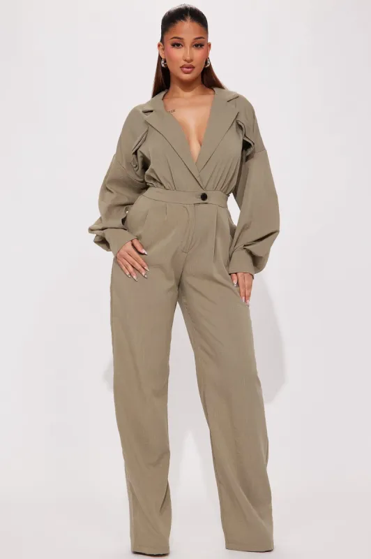 Straight To Business Linen Jumpsuit - Olive sold by Fashion Nova