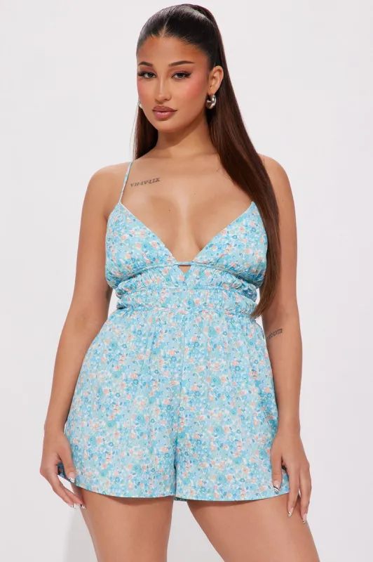 Spring Is In The Air Romper - Blue/combo sold by Fashion Nova