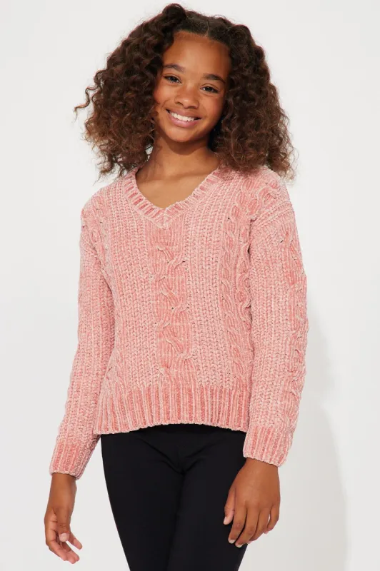 Mini Chenille V Neck Cable Stitch Sweater - Rosette sold by Fashion Nova
