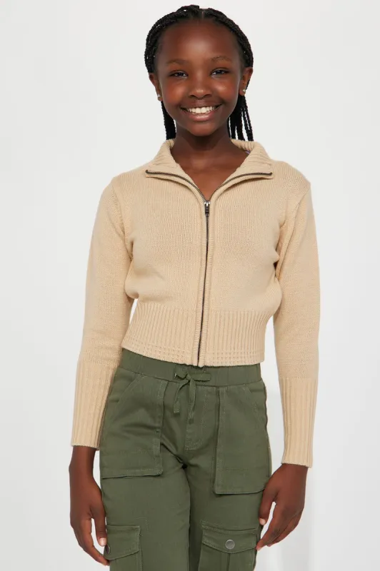Mini Long Sleeve Acrylic Zip Up Collared Sweater - Cream sold by Fashion Nova