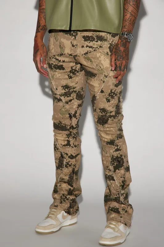 Want To Fray Stacked Skinny Flare Pants - Camouflage sold by Fashion Nova
