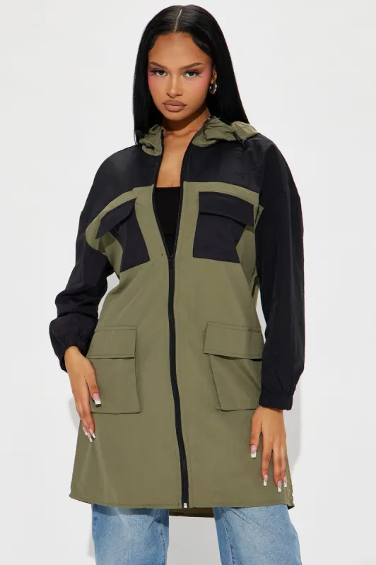 On The Move Windbreaker Jacket - Olive/combo sold by Fashion Nova