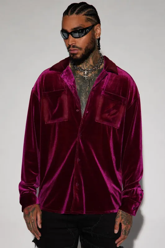 Crushin It Velvet Long Sleeve Button Up - Burgundy sold by Fashion Nova