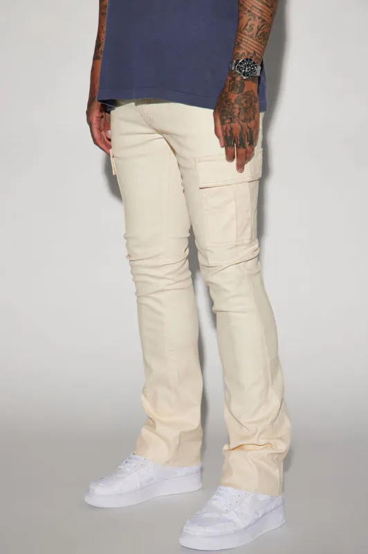 Better Be Cargo Waxed Skinny Flared Pants - Cream sold by Fashion Nova