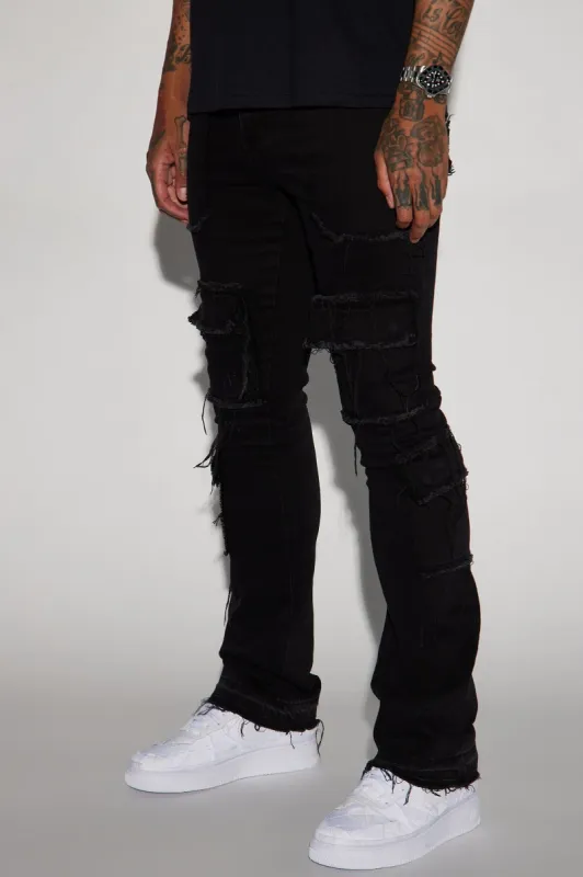 We In This Chained Stacked Skinny Flare Jeans - Black sold by Fashion Nova