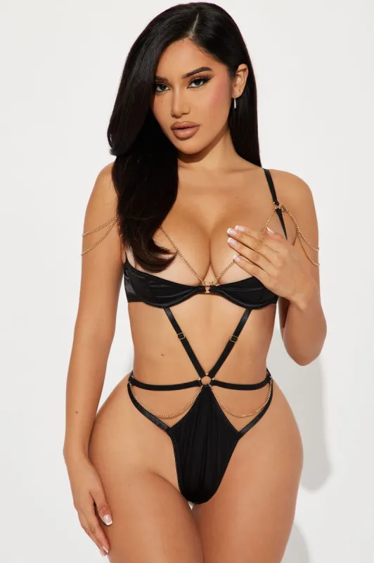 You're Mine Satin Chain Teddy - Black sold by Fashion Nova