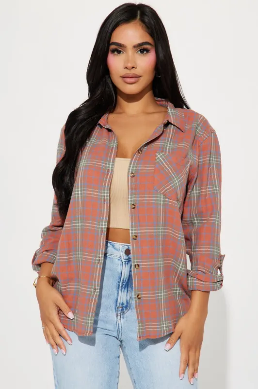 Life On The Go Plaid Shirt - Coral/combo sold by Fashion Nova