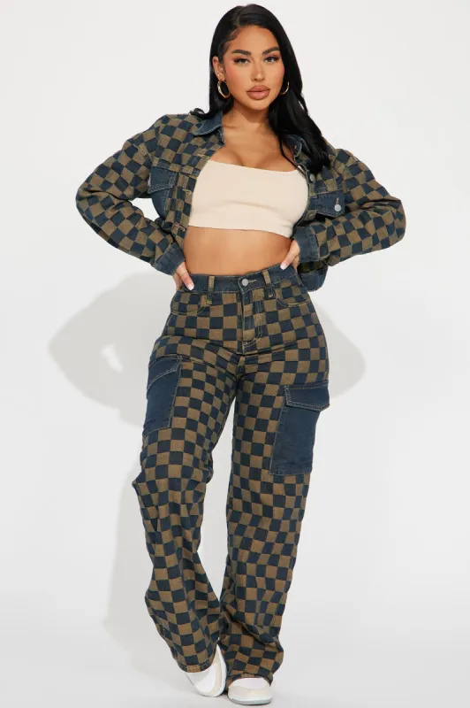 Exactly That Checkered Cargo Jeans - Dark/Combo sold by Fashion Nova