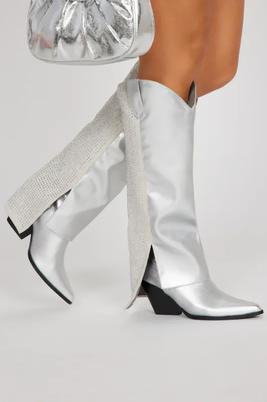 Melory Knee High Heeled Boots - Silver sold by Fashion Nova