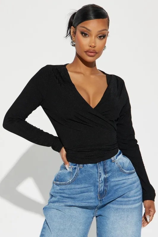My Needs Met Surplice Top - Black sold by Fashion Nova