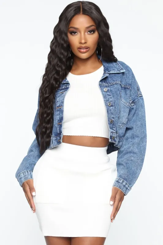 Don't Even Cropped Denim Jacket - Medium Wash sold by Fashion Nova