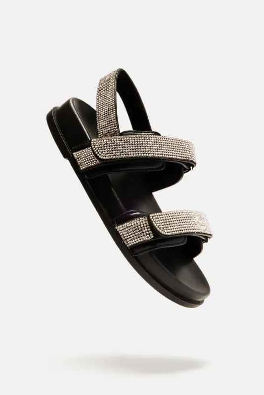 Sarabeth Embellished Flat Sandals - Black sold by Fashion Nova