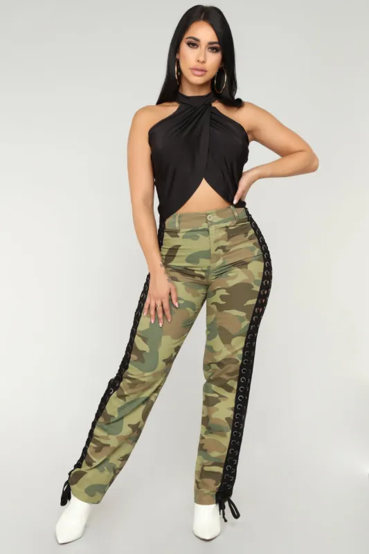 Lace Up The Camo Cargo Pants - Olive sold by Fashion Nova