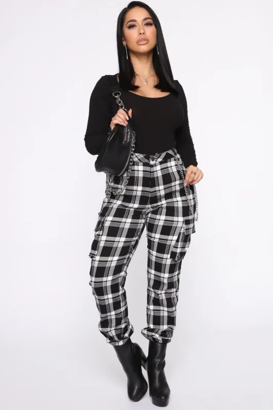 Never Over Plaid Joggers - Black/White sold by Fashion Nova