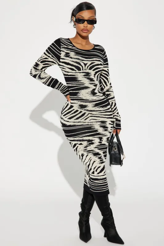 Ailene Printed Sweater Midi Dress - Black/combo sold by Fashion Nova