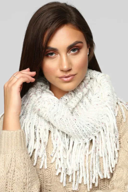 All Bundled Up Fringe Scarf - White sold by Fashion Nova