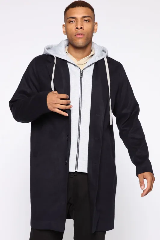 I'm On A New Level Car Coat - Navy/combo sold by Fashion Nova