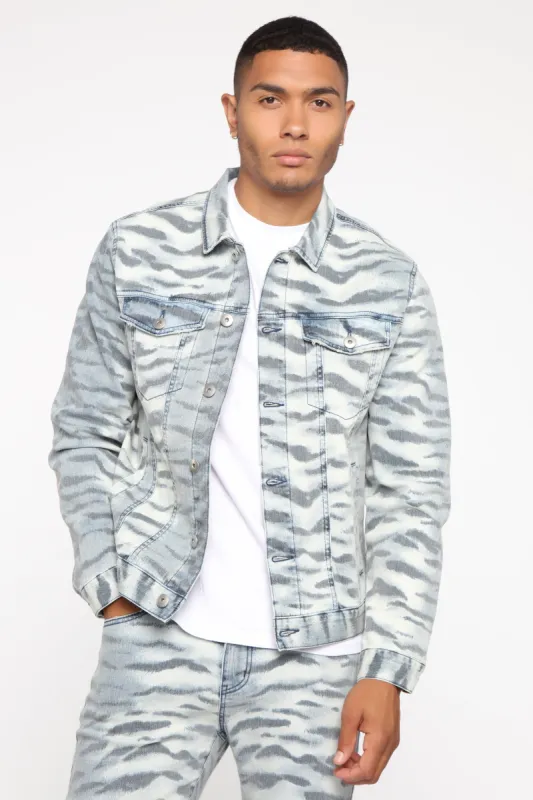 Tiger Stripe Denim Jacket - LightWash sold by Fashion Nova