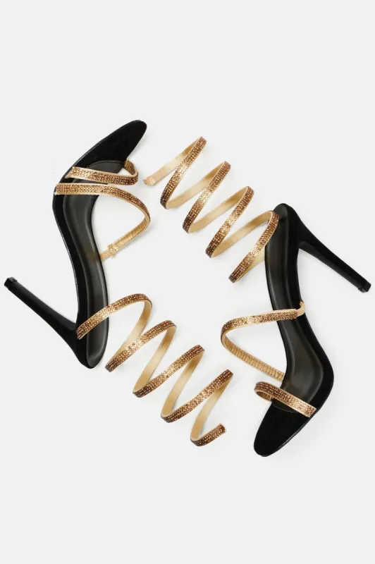Need To Know Wrap Up Heeled Sandals - Black/Gold sold by Fashion Nova
