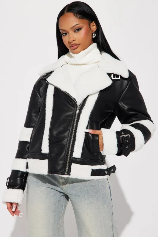 Always Be Mine Shearling Moto - Black sold by Fashion Nova