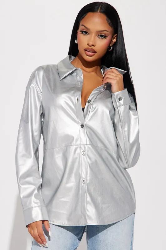 Other Worldly Faux Leather Shirt - Silver sold by Fashion Nova