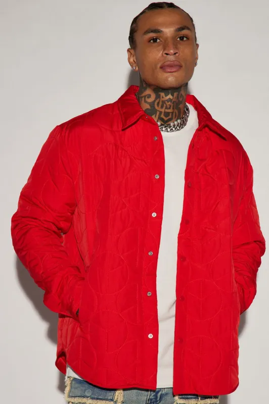 Peace Quilted Nylon Shacket - Red sold by Fashion Nova