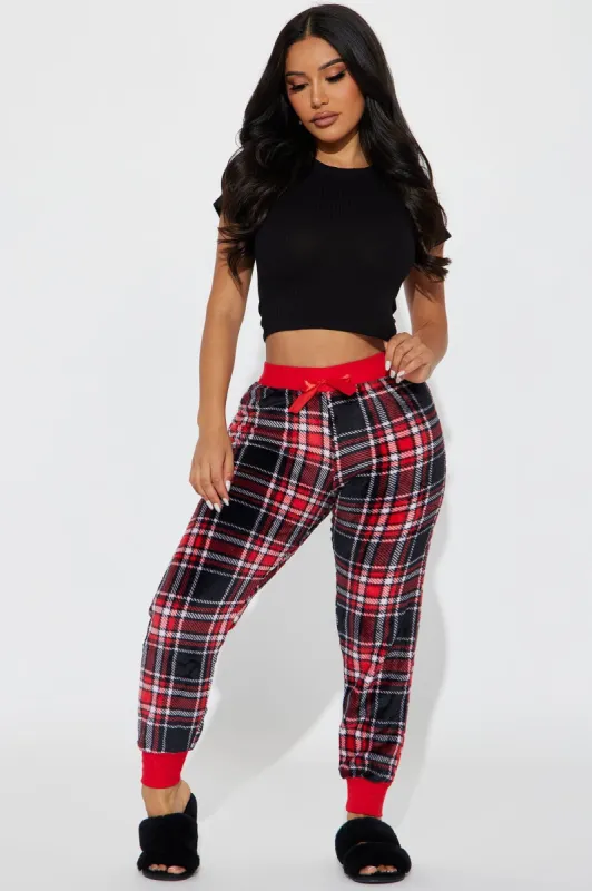 Cuddled By The Fireplace Plush PJ Joggers - Red/Black sold by Fashion Nova