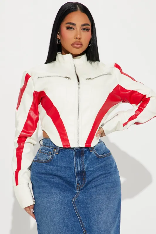 High Rises Faux Leather Jacket - Cream/combo sold by Fashion Nova