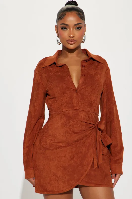 Working Hard Suede Mini Dress - Rust sold by Fashion Nova