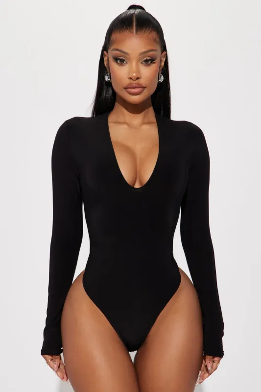 Take The Plunge Lined Long Sleeve Bodysuit - Black sold by Fashion Nova