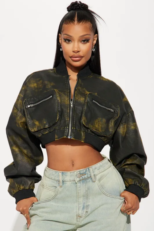 Knissa Washed Faux Leather Bomber Jacket - Olive sold by Fashion Nova